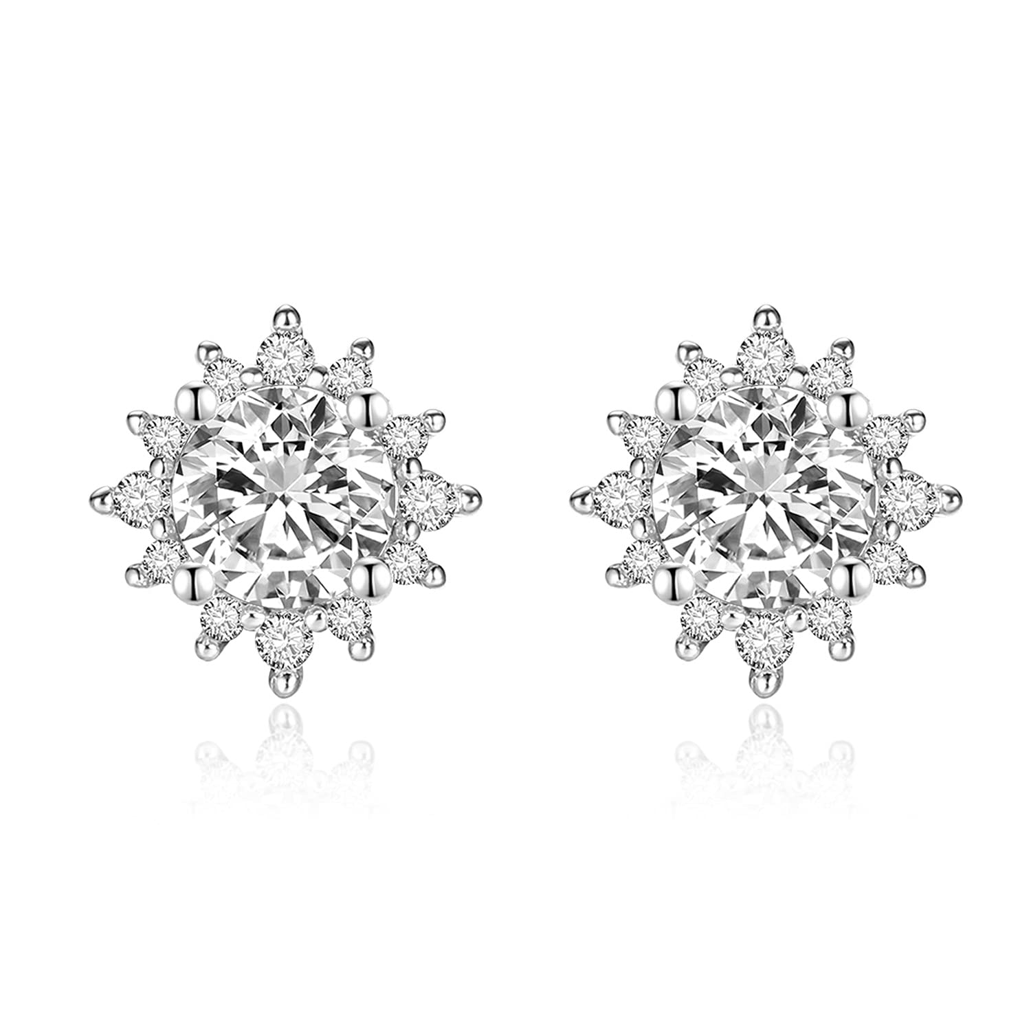White Gold Sunflower CZ Stud Earrings for Women,8.5mm
