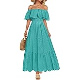 ZESICA Women's 2026 Summer Off Shoulder Ruffle Midi Dress Short Sleeve High Waist Hollow Out Embroidery Party Dresses