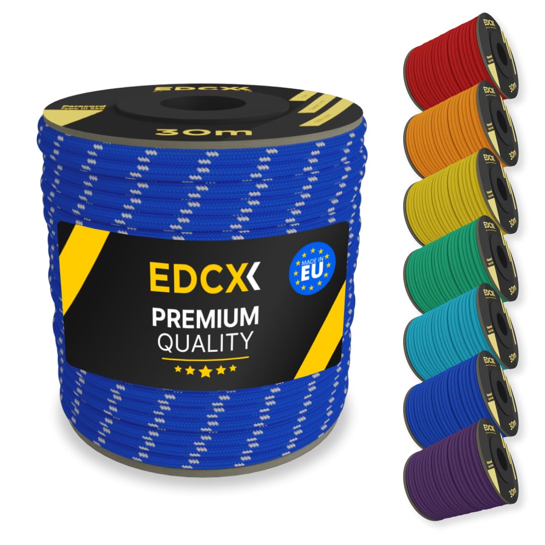 EDCX 4mm Nylon Paracord 550 30m (100 feet) | Ideal for Camping, Survival, Outdoor, Crafting, DIY | 100% Nylon Rope 4mm | Paracord 550 Type III in Solid Color (Reflective Blue, 30 m)