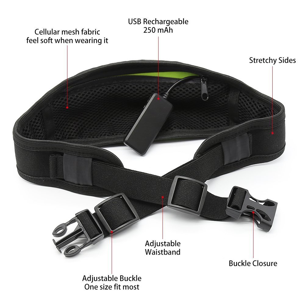BSeen (TM) Waist Bag with LED Lights- USB Rechargeable Fanny Pack Neon with Earphone Hole, Adjustable for Runner, Women and Men-Holds iPhone 6/6s & Similar Smartphones (Green/Green)