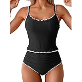 Eomenie Tankini Swimsuit for Women Tummy Control Ruched Two Piece Bathing Suits High Waisted Shell Stitch Swimwear
