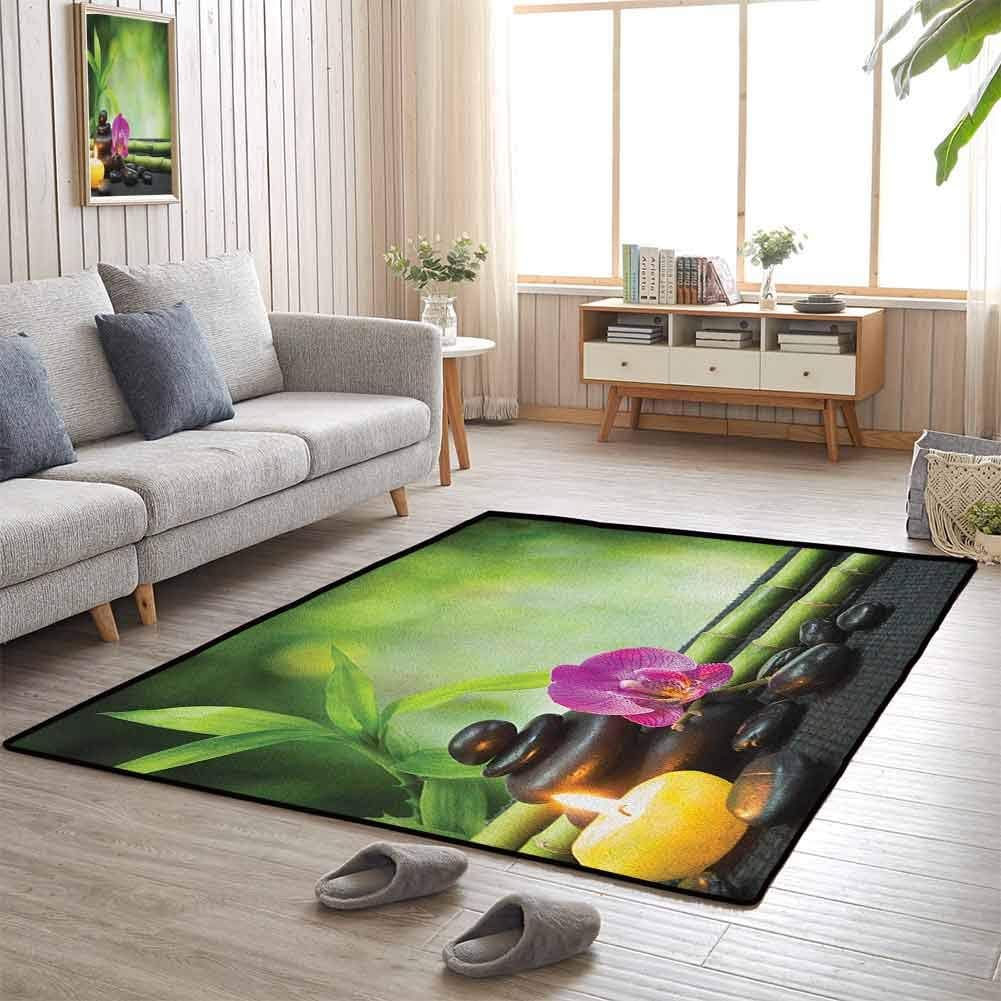 Sofa Area Rug, Rubber Durable Non Slip Strong and Durable for Children Boys Girls Bedroom Rugs, Spa | Orchid Bamboo Stems Chakra Stones Japanese Alternative with Feng Shui Elements - 3'x4'