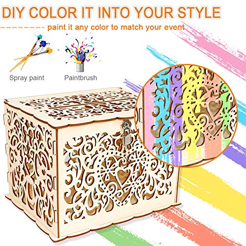 Wedding Card Box, Angela&Alex Wooden Gift Card Holder DIY Hollow Wedding Money Boxes with Lock and Card Sign Cards Hold up 300 Cards for Wedding Reception Anniversary Baby Shower Birthday Party Decora