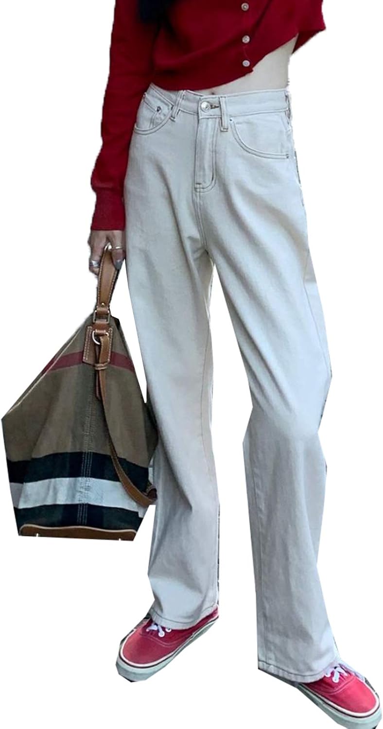 Womens Casual Trousers High Waist Cotton Solid Plain Straight Loose