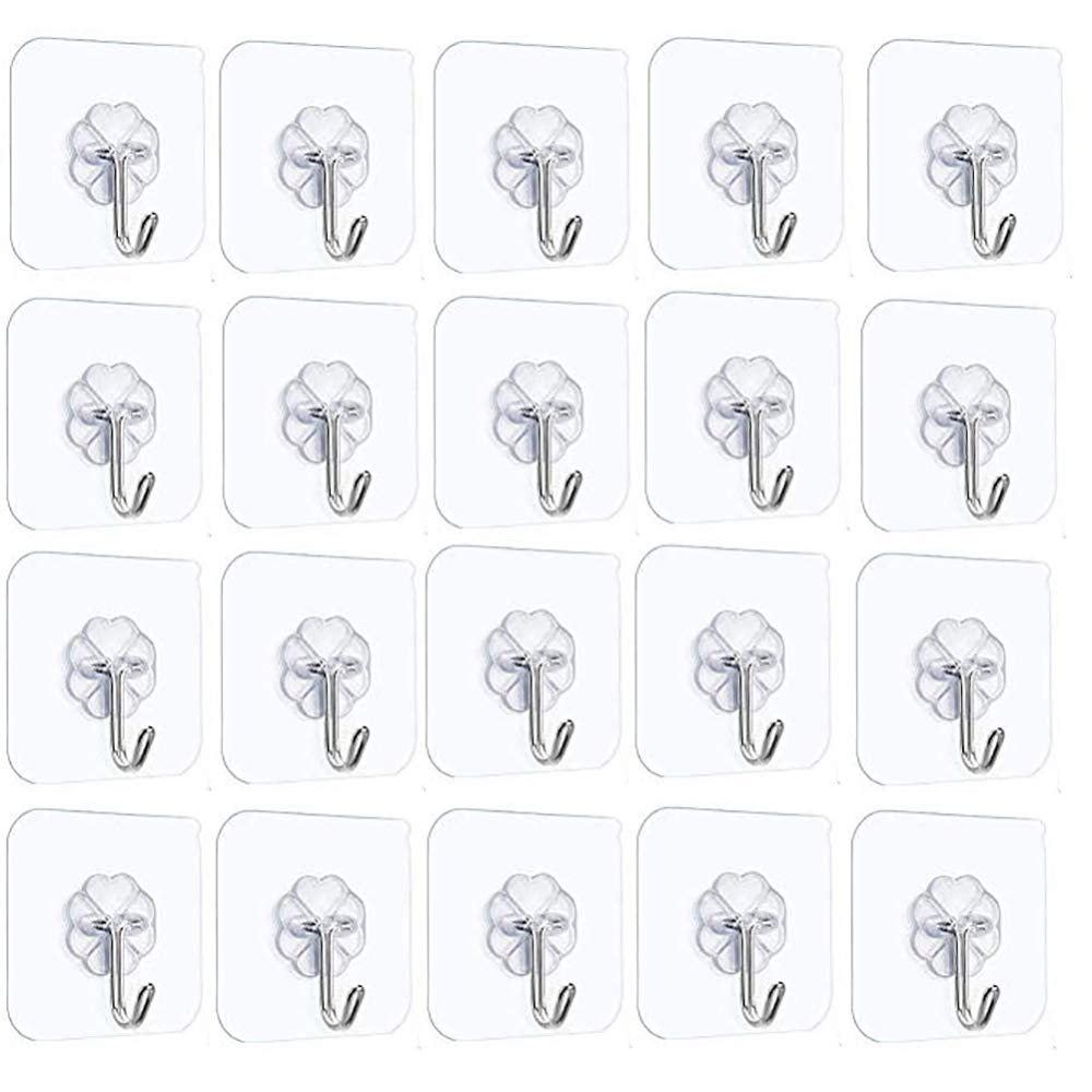 20 Pack Transparent Adhesive Hooks Removable Waterproof&Oilproof Self Adhesive Hooks Clear Heavy Duty Sticky Wall Hooks