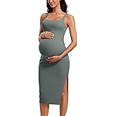 CRZ YOGA Butterluxe Maternity Square Neck Midi Dress - Split Ruched Tanks Womens Pregnancy Bodycon Casual Baby Shower