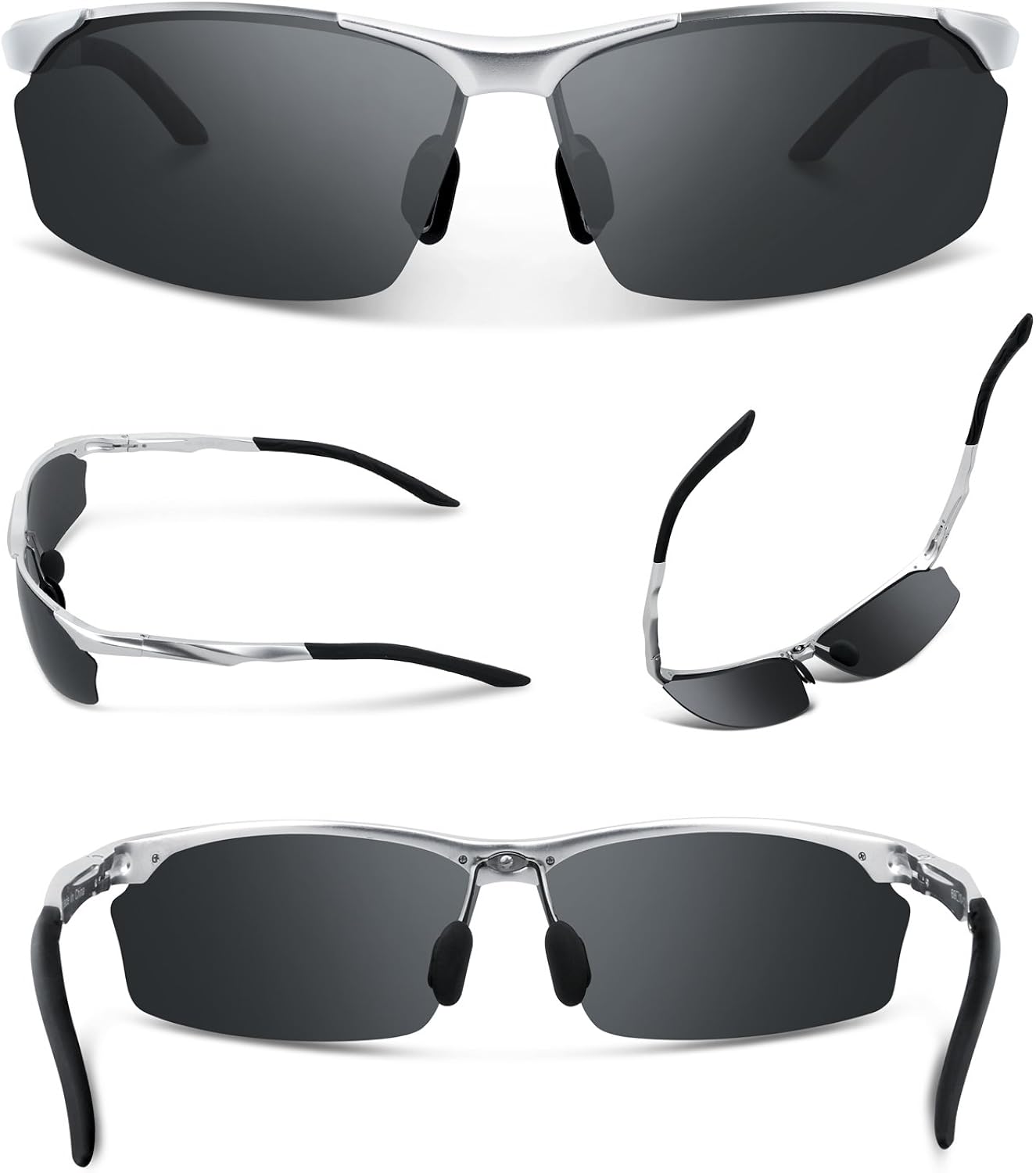 TOREGE Men's Sports Style Polarized Sunglasses Al-Mg Metal Frame Glasses M292 (Silver&Grey Lens) : Clothing