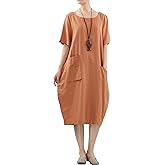 Minibee Women's Linen Tunic Dress Summer Short Sleeve Casual Kaftan Flowy Midi Dresses with Pockets