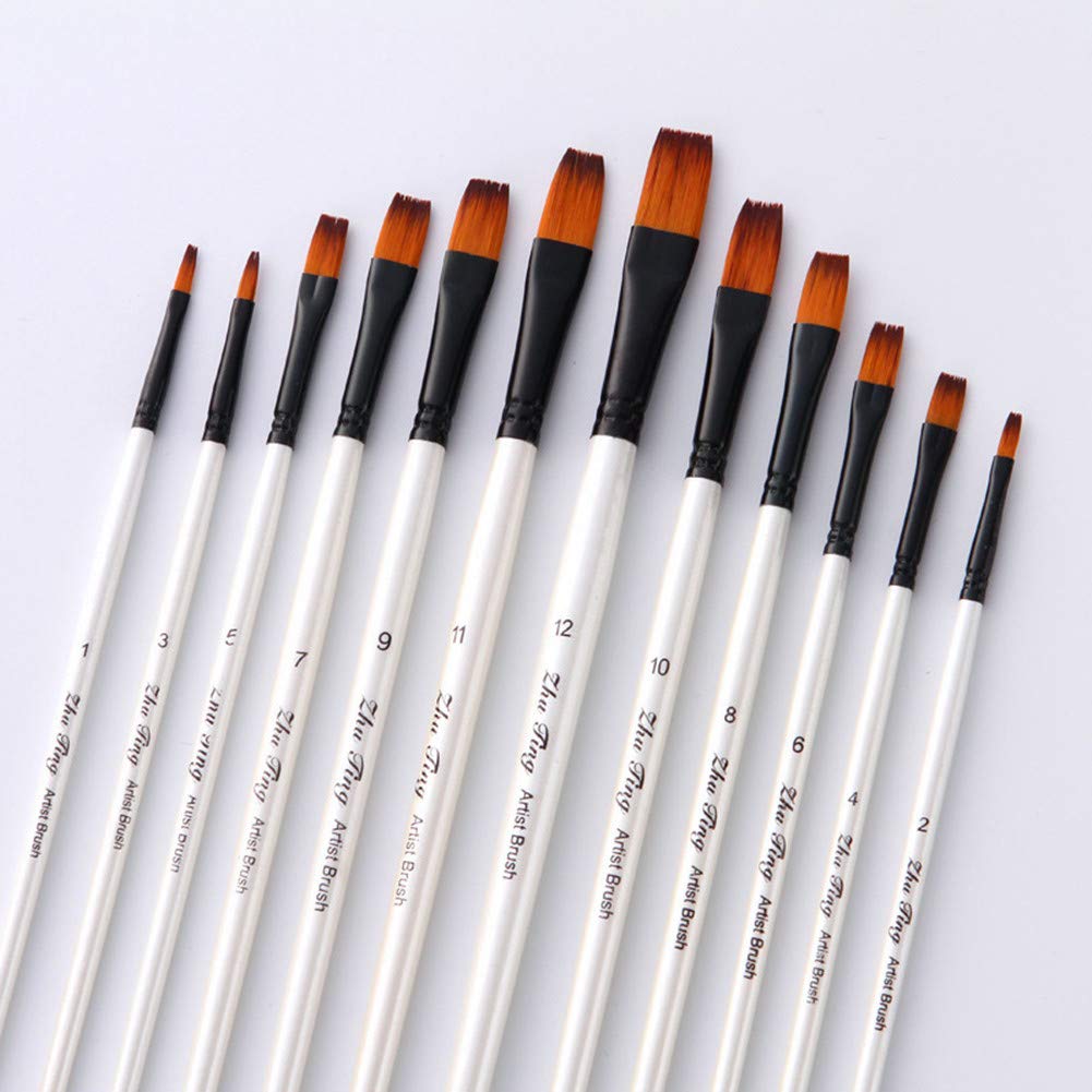Paint Brush Set Artist Painting Brushes for Art Painting for Watercolors,Acrylics,Inks,Gouache,Oil and Tempera (12pcs Pearl White Flat Head Brush Set)