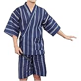 Men's Kimono Japanese Jinbei Shirt and Pant Cotton Linen Loungewear Lounge Set Spa Bathrobe, Style 3 Multicolor