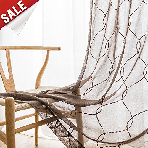 jinchan Brown Sheer Curtains for Living Room Wavy Diamond Embroidered Window Curtains Sheers for Bedroom Drapes 1 Pair 55 x 84 Inch