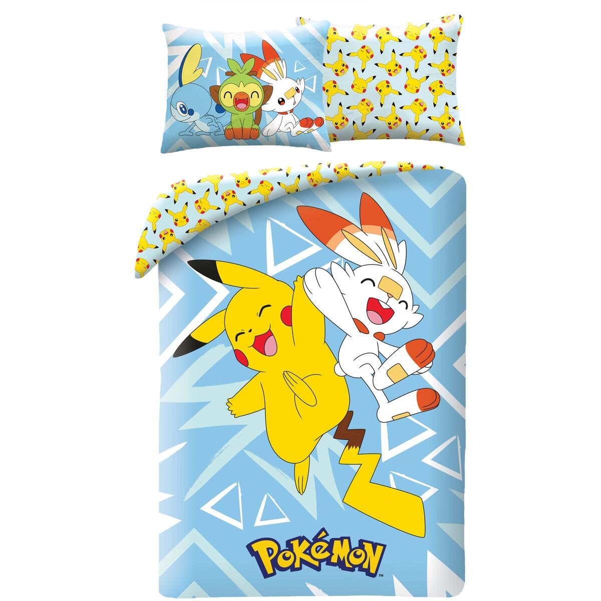 POKEMON PIKACHU and SCORBUNNY – Duvet Cover 140 x 200 cm + Pillowcase 70 x 90 cm – Reversible – 100% Polyester – Multicoloured
