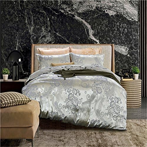 QzzieLife European Jacquard Luxury Cotton Silk Satin Floral Duvet Cover Set 4PC King Size Silver Grey