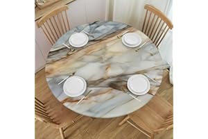 COMIO Marbled Table Cloth Round Cover with Elastic Waterproof,48inch, Vinyl with Flannel Backing, Banquet Tabl Cover； Picnic ；Outdoor