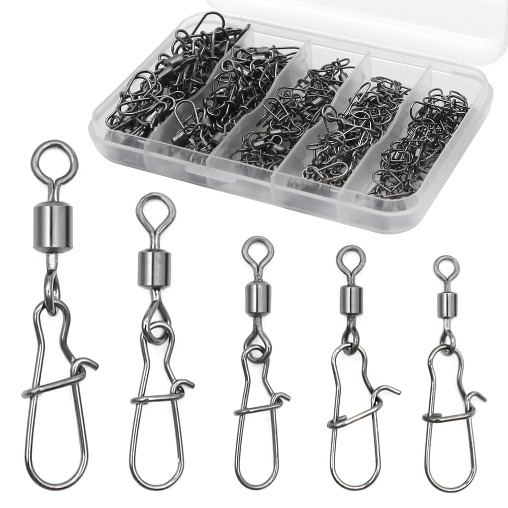 Aoyswuz 125 Pcs Duo Lock Snaps Swivels With Box Rolling Fishing Swivels and Clips 4# 6# 8# 10# 12# Duo Lock Fishing Clip for Lure Swivels and Line
