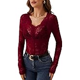Women's Sexy Floral Lace Long Sleeve Top Slim Fit V Neck Blouses Shirts Sheer Going Out Tops