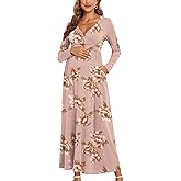 AISWI 2025 Women's Maternity Maxi Dress Long Sleeve Wrap V Neck Pregnancy Dresses with Pockets Baby Shower Photoshoot Formal