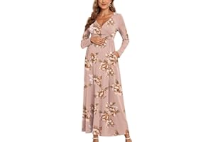 AISWI 2024 Women's Maternity Maxi Dress Long Sleeve Wrap V Neck Pregnancy Dresses with Pockets Baby Shower Photoshoot Formal