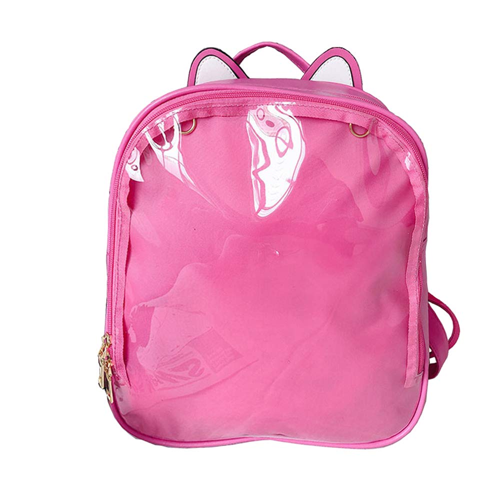 KEEPOP Ita Backpacks Girls Cute School Rucksack Cat Ears Design Daypack Ladies Summer Beach Bag Transparent Windows for DIY Pins Decors, Pink