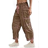 Fisoew Womens Wide Leg Cargo Pants Elastic Waist Water Resistant Contrast Stitch Loose Hiking Joggers with Pockets