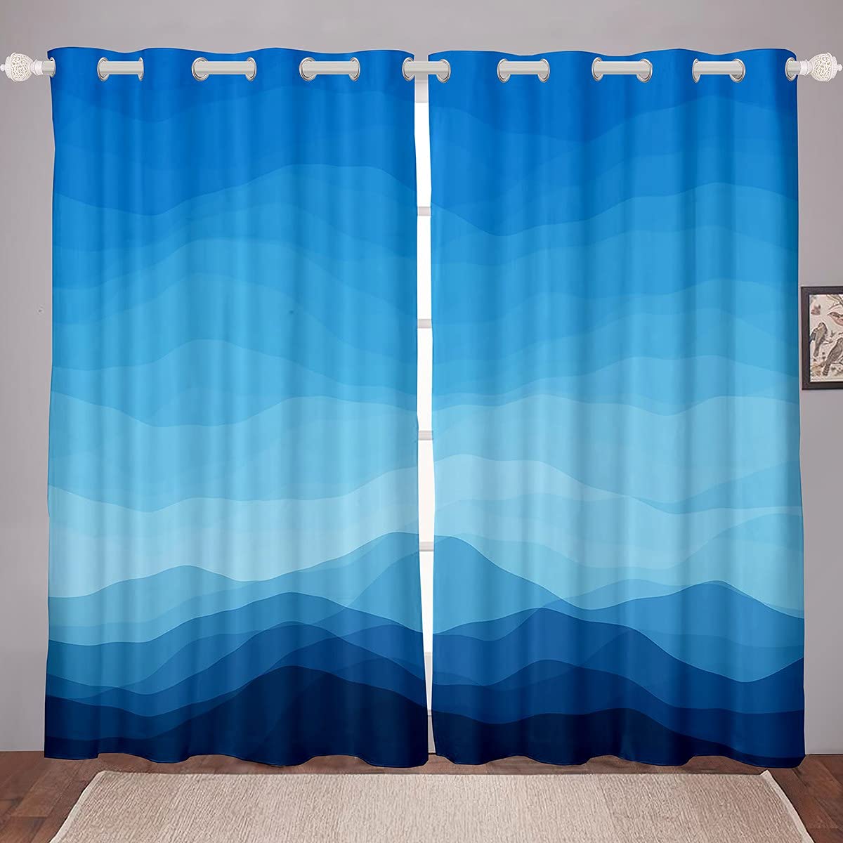 Wave Ombre Striped Curtains Ombre Effects Window Curtains for Bedroom Living Room Kids Girls Boys Gradient Blue Window Drapes,W52*L90