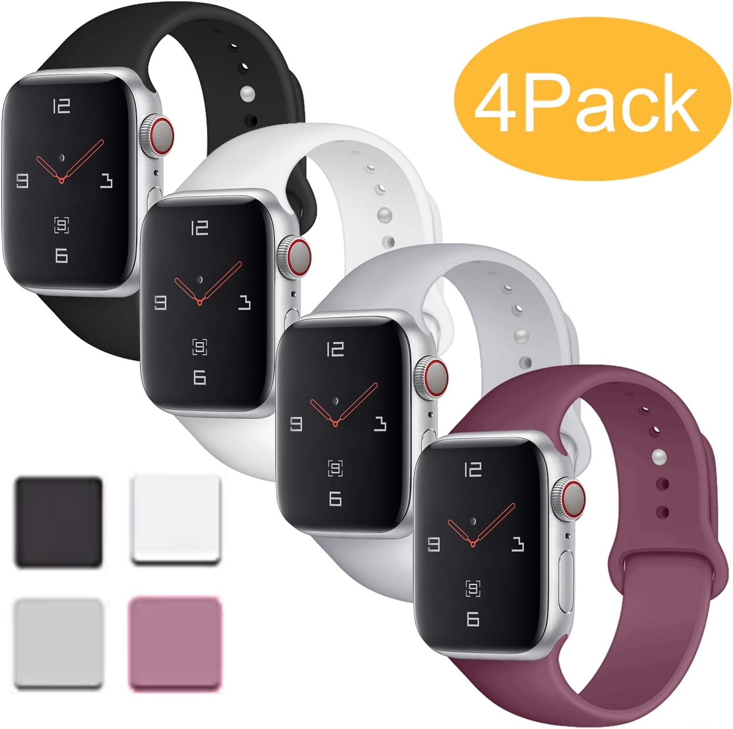 Misker 4 Pack Sport Band Compatible with for Apple Watch Band 38mm 40mm 42mm 44mm, Soft Silicone Sport Strap Compatible with iWatch Series 5 4 3 2 1