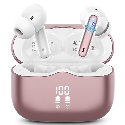 Wireless Earbuds, Bluetooth 5.3 Headphones in Ear with HiFi Stereo Deep Bass, 4 ENC Noise Cancelling Mic Wireless Earphones 40H Playtime, Bluetooth Earbuds Dual LED Display, IP7 Waterproof, Rose gold