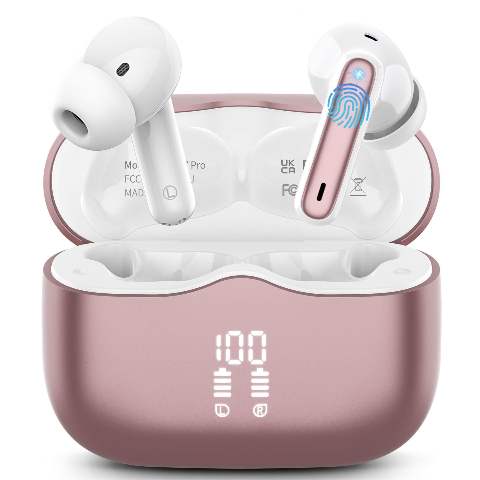 Photo 1 of Wireless Earbuds, Bluetooth 5.4 Headphones in Ear with 4 ENC Noise Cancelling Mic, New Wireless Earphones HiFi Stereo Deep Bass 40H Playtime, In-Ear Bluetooth Earbuds LED Display IP7, USB-C, Rose Gold