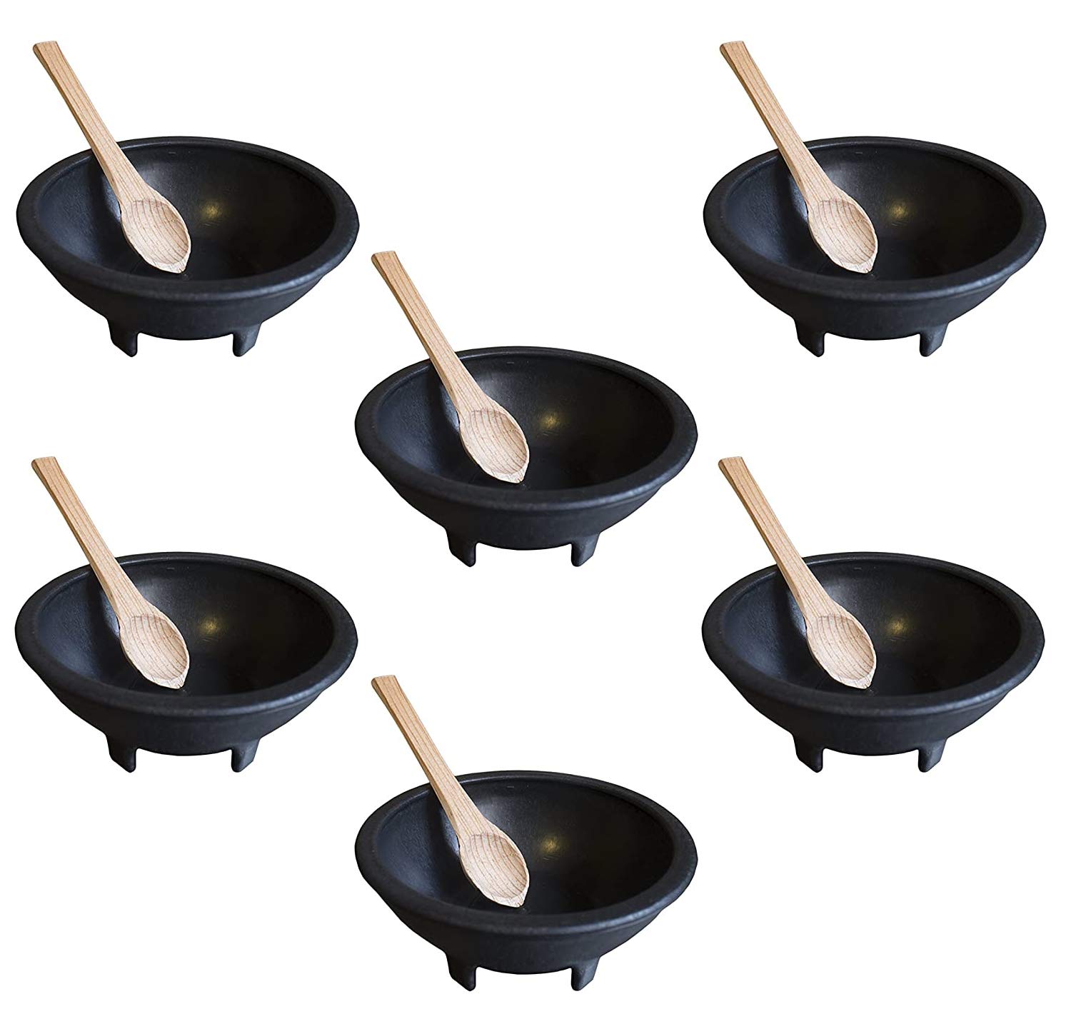 6 Pack of Salsa Chip and Dip Snack Bowls Combo- With Wooden Spoons - Salsa Bowls, Black Plastic Mexican Molcajete Chips Guacamole, Serving Dish, Sauce Cup, Side dish, Snack Great to use at any Event
