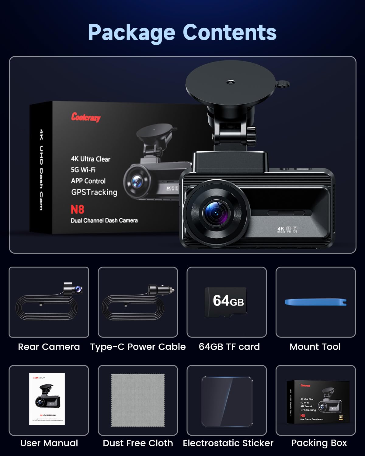 COOLCRAZY Dash Cam Front Rear - 4K+1080P Full HD Dashcam Free 64GB Card, with 5G WiFi GPS, Dual Dash Camera for Cars with 3