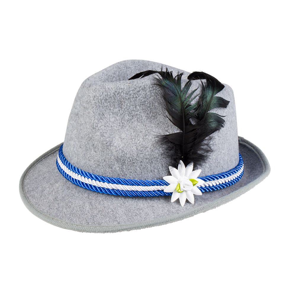 Boland Oktoberfest Hat – Grey Tyrolean Style Bavarian Hat with Blue and White Cord, Edelweiss Flower and Feather – Traditional German Beer Festival Fancy Dress Costume Accessory for Adults