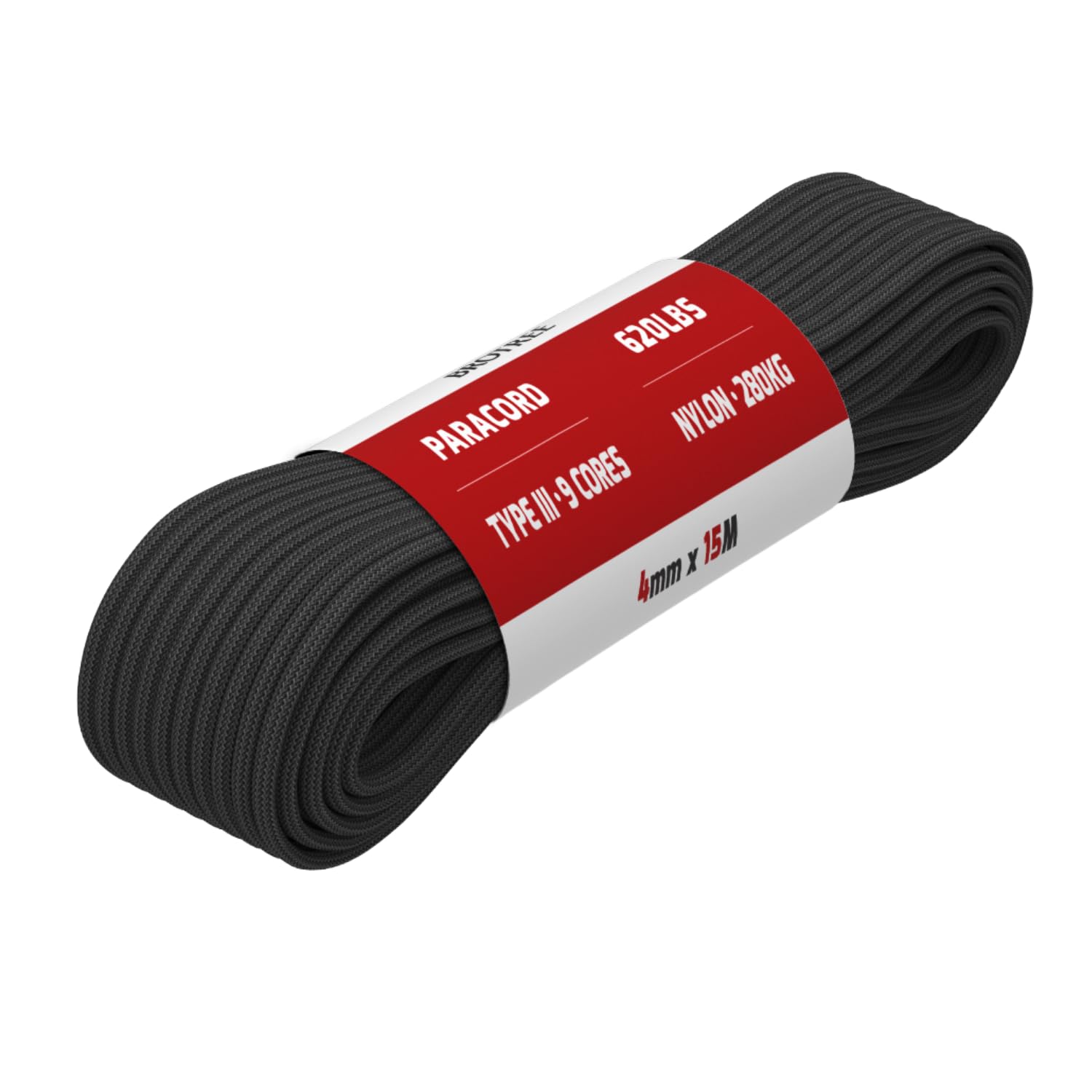 Brotree Paracord 4mm 15M 9 Strands 100% Nylon Rope Type 3 Parachute Cord for Outdoor, Bracelet, DIY - 280kg Breaking Load (Black)