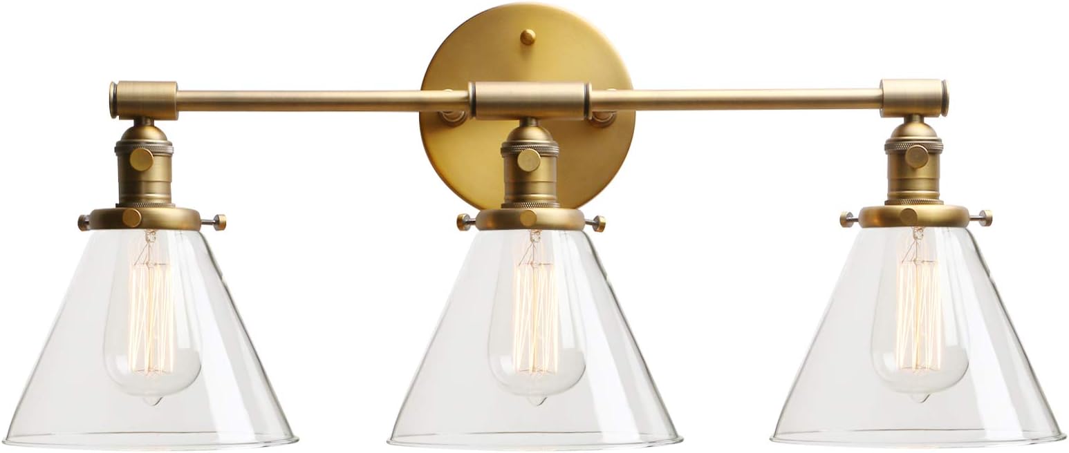 Permo Vintage Industrial Antique Three-Light Wall Sconces with Funnel Flared Clear Glass Shade (Antique)