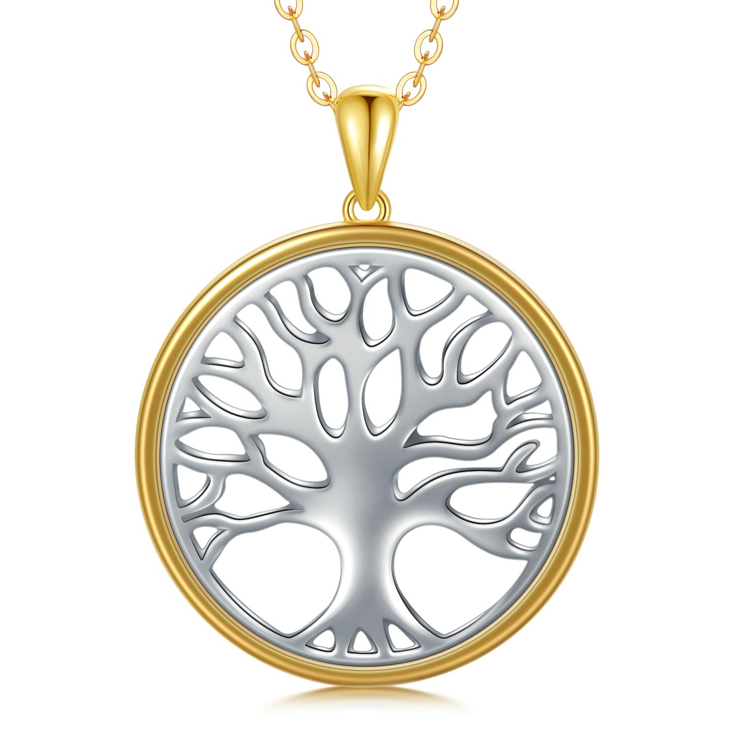 SISGEM Silver Tree of Life Necklace, S925 Sterling Silver Life Tree with 9 ct Solid Yellow Gold Halo Pendant Necklace, for Women Girls Ladies Mum Sisters, 16"+1"+1"