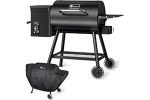 KingChii Electric Wood Pellet Grill & Smoker with Side Shelf, 456 SQ.IN Grill Capacity, with PID Temperature Control (180-425°F) for Backyard Camping Bake and Roast, Black with Cover