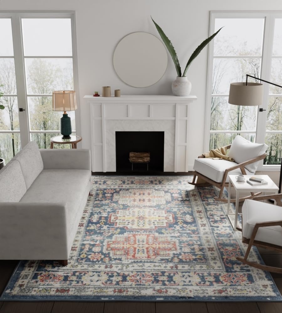 Rugs America Gabriel Collection, GL55C, Prussian Sundara, Blue/Beige, 5'3" x 7', .4" Thick, Area Rug, Soft, Durable, Vintage Inspired, Distressed, Low Pile, Non-Shedding, Easy Clean, Living Room Rug Image Rugs America Gabriel Collection, GL55C, Prussian Sundara, Blue/Beige, 5'3" x 7', .4" Thick, Area Rug, Soft, Durable, Vintage Inspired, Distressed, Low Pile, Non-Shedding, Easy Clean, Living Room Rug Image