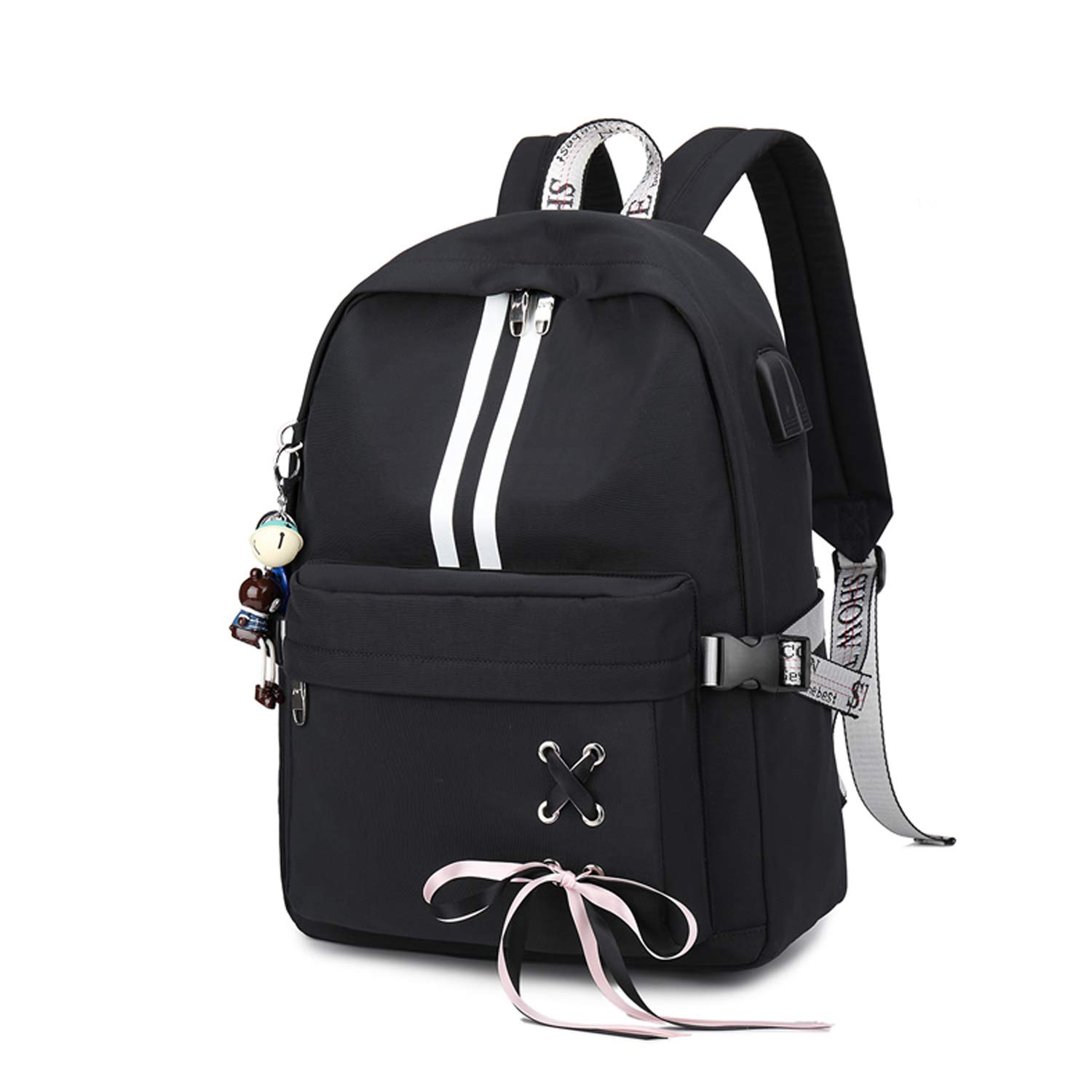 FANDARE Casual Daypack Luminous School Bag Laptop College Backpack Teens Knapsack Girl Travel Rucksack Women Outdoor Travel Bookbag fits 15.6 inch Notebook Haversack Waterproof Polyester Black