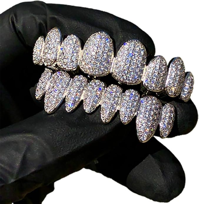 ShopiGold 14k White Joker Gold Grillz for Mouth Top Bottom