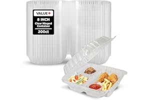 VALUE + (200 Count) 8-Inch Medium Clear Hinged Container 3-Compartment, Plastic Take Out Container, Dual Lock Heavy Clamshell