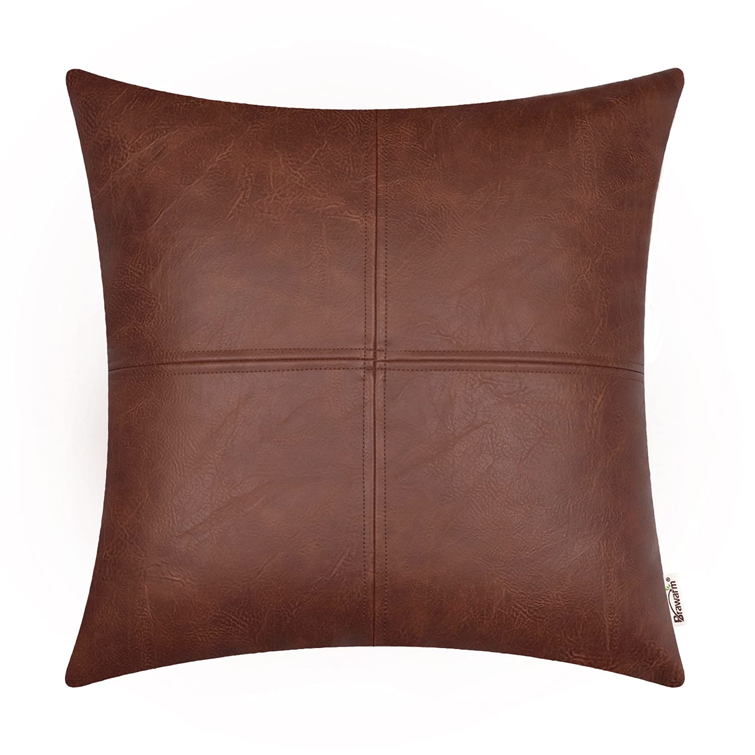 BRAWARM Decorative Throw Pillow Covers, Faux Leather Throw Pillow Covers, Hand Stitched Faux Leather Couch Cases for Living Room Garden Bed, Dark Brown, 50cm x 50cm