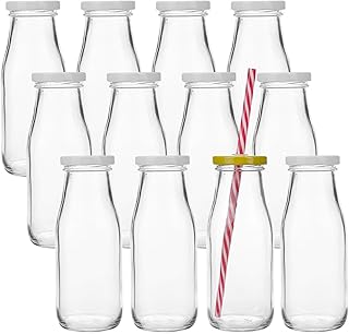 Lawei 12er Pack Glasflaschen Trinkflaschen mit Schraubverschluss Trinkglas Vintage Milchflaschen Saftflasche Wiederverwendbar - Inkl. 24 Deckel & 12 Strohhalm, 325ml