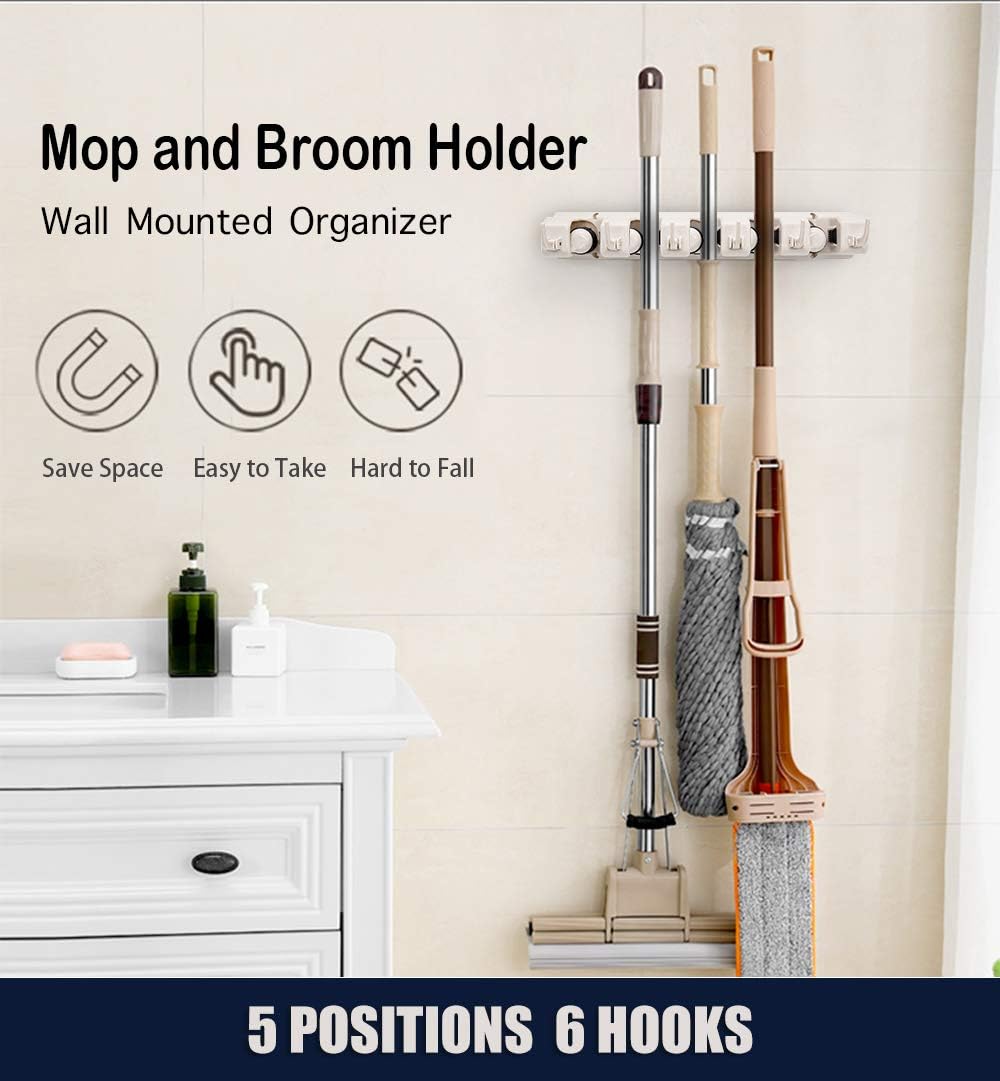 Imillet Mop and Broom Holder, Wall Mounted Organizer-Mop and broom Storage Tool Rack with 5 Ball Slots and 6 Hooks (Gray) (Double pack) - - 