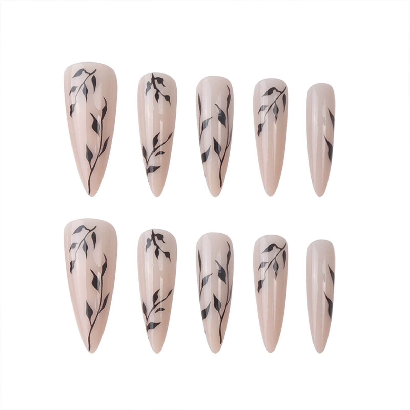 SINHOT Stiletto Press on Nails Extra Long Fake Nails with Glue Glossy False Nails with Black Leaves Designs Full Cover Almond Acrylic Nails 24pcs - Image 2