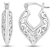 LeCalla 925 Sterling Silver Filigree Hoop Earrings | Hypoallergenic Lightweight Intricate Floral Filigree Earring Snap-Back Closure for Women