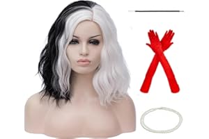 BERON 14" Women Girls Short Curly Bob Wavy Wig Body Wave Halloween Cosplay Costume Daily Party Wigs (Black and White)