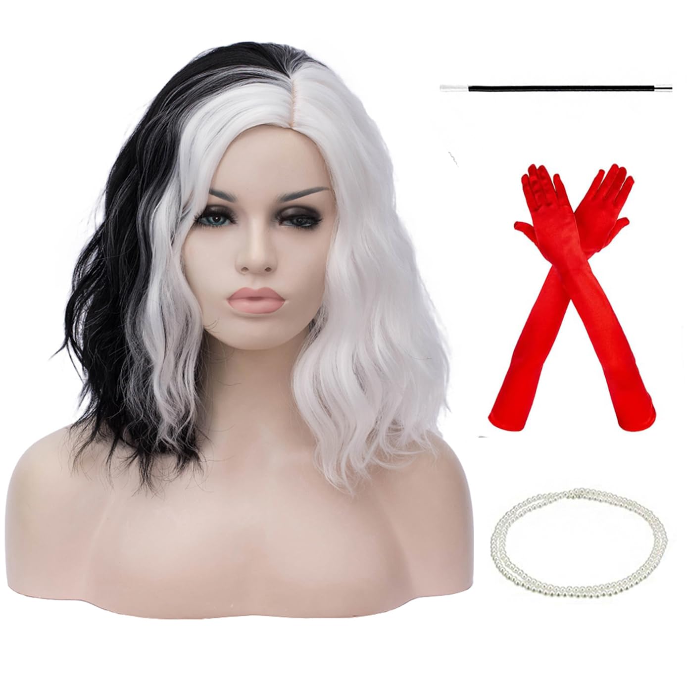 Photo 1 of ****WIG ONLY***** BERON 14" Women Girls Short Curly Bob Wavy Wig Body Wave Halloween Cosplay Costume Daily Party Wigs (Black and White)