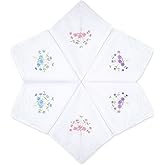 Selected Hanky Women's Cotton Handkerchiefs Flower Embroidered with Lace, Ladies Hankies 6 Pcs - Box Pack