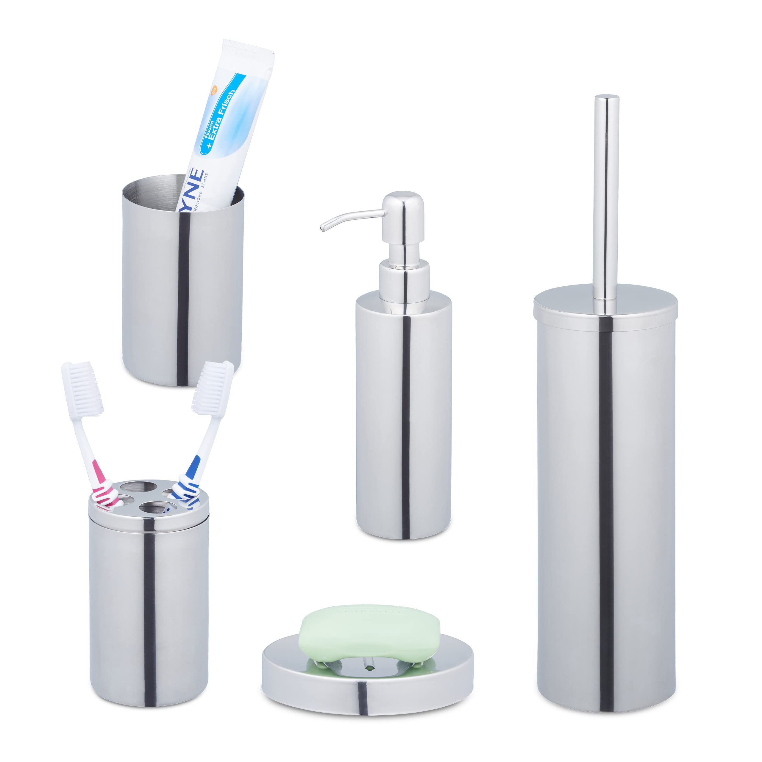Relaxdays 5-Piece Bathroom Accessory, Polished Stainless Steel, Complete Toilet Set, Modern Design, Silver, 10% Plastic 90%, 39 x 9.5 x 9.5 cm