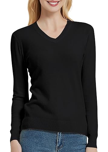 Urban CoCo Women's V Neck Long Sleeve Solid Classic Knit Pullover