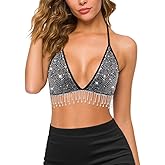 Testudineus Women's Glitter Rhinestone Fringe Crop Top Chic Tassel Chain Halter Bralette Rave Slim Tank Top